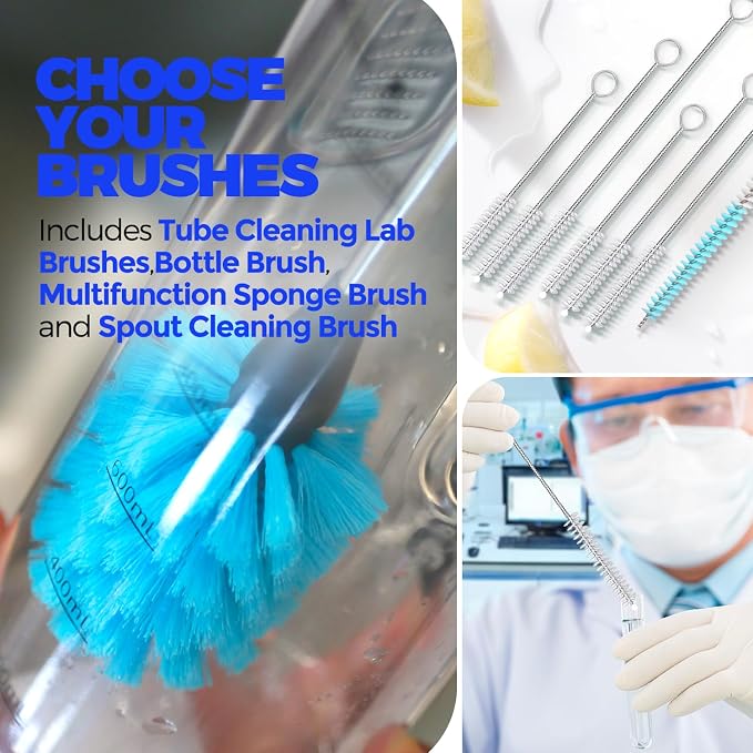 Holikme Bottle Brush Tube Cleaning Lab Set with Long Handle, Cup Cleaner for Washing Narrow Neck Beer Wine Decanter Pipes Lids Sinks Cap Covers, White
