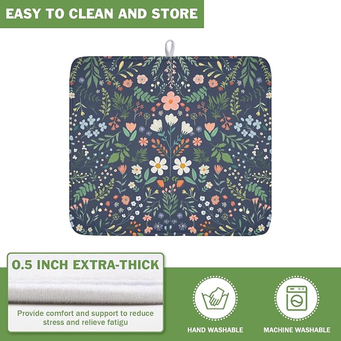 Floral Dish Drying Mat for Kitchen Counter Rustic Flower Leaves Print Microfiber Dish Drainer Mat Farmhouse Floral Absorbent Washable Drying Pad 16"x18"