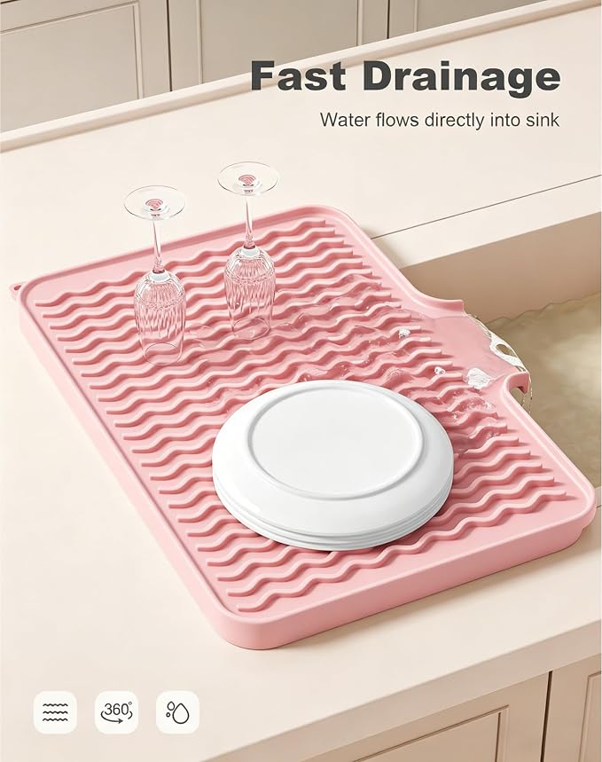 Rnivvi Silicone Dish Drying Mat for Kitchen Counter, 16 x 12" Drainer Pad with Drainage Spout, Easy Clean Dish Rack Mat for Dishes, Non-Slip Countertop Protector Heat Resistant Trivet, Utensils, Pink