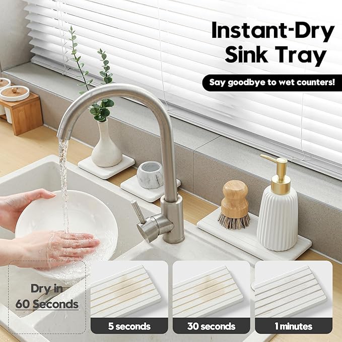 3 Pack Water Absorbent Diatomite Coasters, Stone Drying Mat for Kitchen Counter, Bathroom Sink Organizer Tray, Compact Vanity Rack, Soap Holder Caddy, Faucet Splash Guard, White 8"x3.8"