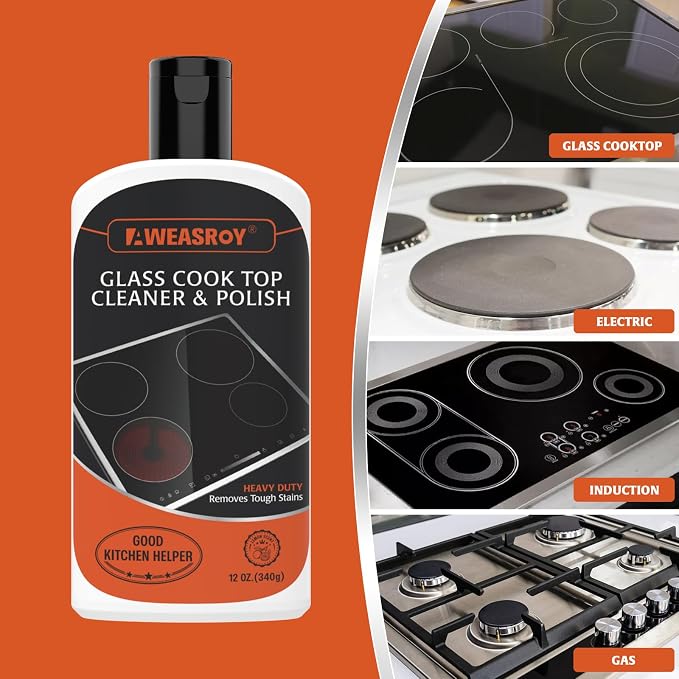 AWEASROY 20pcs Glass Stove Top Cleaner Kit - 12 oz Cooktop Cleaner Polish, Non-Abrasive No Scratch, Removes Tough Stains, Includes Scrubbing Pad, Scraper & Microfiber Cloth for Smooth Glass Surfaces