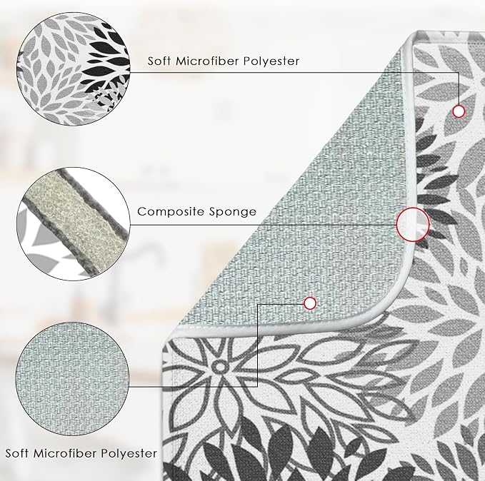 Sanwarm Absorbent Dish Drying Mat, Vintage Spring Leaf Gray Floral Flower Microfiber Pad for Kitchen Counter, Coffee Bar Decor, Heat Resistant and Reversible, 18" x 24"