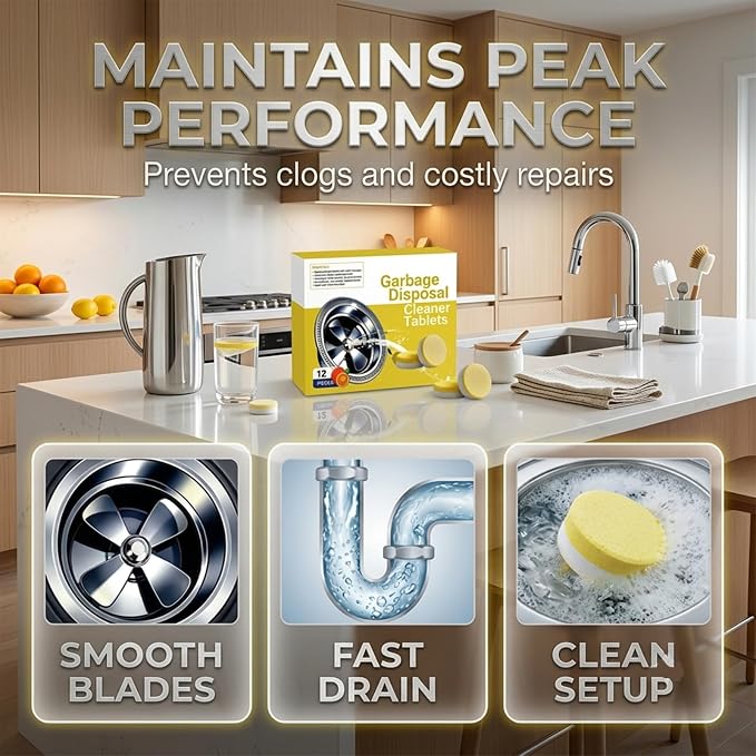 Deep Clean Disposal Tablets, Citrus Scent Garbage Disposal Cleaner Tablets, Powerful Foaming Action Removes Hidden Buildup and Keeps Kitchen Sink Fresh and Clean (1 Box (12 Pcs))