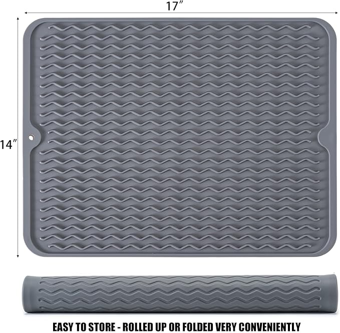 Large 17" x 14" Silicone Dish Drying Mat for Kitchen Counter, Easy clean, Quick Dry, Heat-resistant Dish Drainer Mat for Sink,Refrigerator or Drawer liner (Food Grade Silicone-Grey)