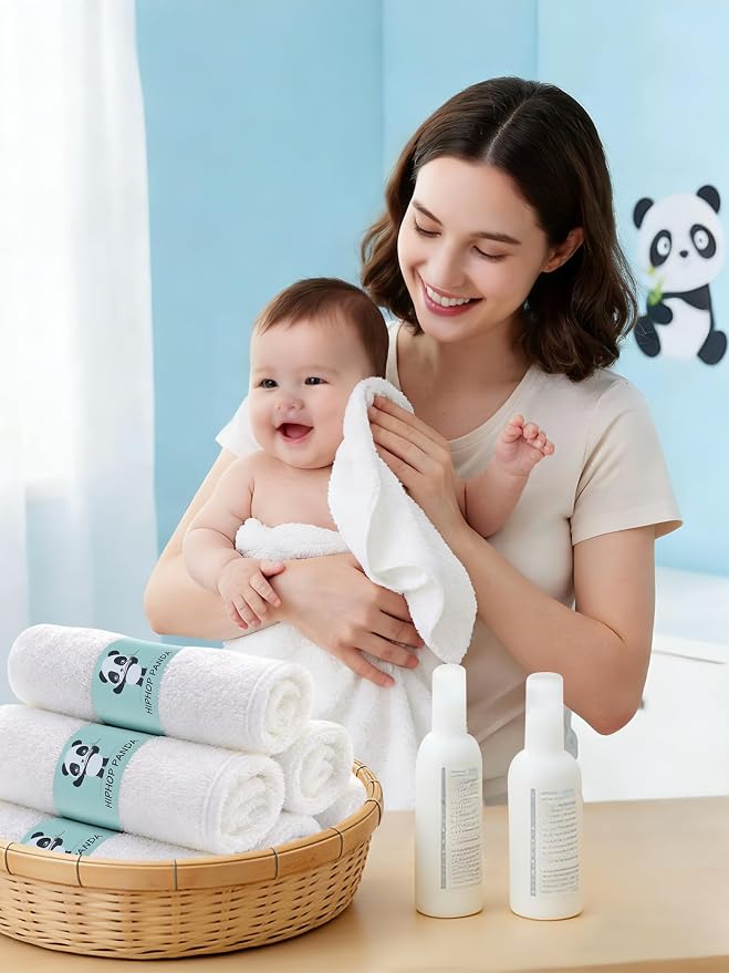 HIPHOP PANDA Baby Washcloths, Rayon Made from Bamboo - 2 Layer Ultra Soft Absorbent Newborn Bath Face Towel - Reusable Baby Wipes for Delicate Skin - White, 6 Pack