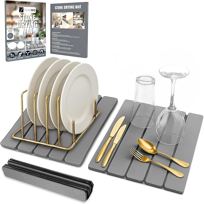 Large Foldable Stone Dish Drying Mat – Diatomaceous Earth, 2 Pack (12"x16" Each) or 24"x16" Combined – Fast Dry, Anti-Slip Pad, Sanding Tool & Instruction Manual for Kitchen and Bathroom, Dark Gray