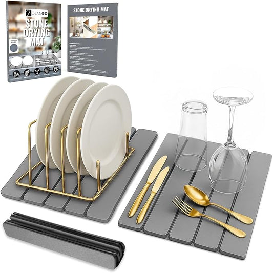 Large Foldable Stone Dish Drying Mat – Diatomaceous Earth, 2 Pack (12"x16" Each) or 24"x16" Combined – Fast Dry, Anti-Slip Pad, Sanding Tool & Instruction Manual for Kitchen and Bathroom, Dark Gray