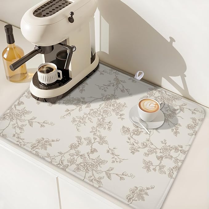Brown and Cream Chinoiserie Floral Dish Drying Mat 18x24 Inch | Polyester，Absorbent Microfiber，for Kitchen Coffee Dining Bar Decor