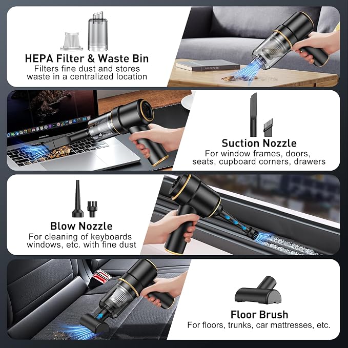 Handheld Car Vacuum Cleaner, 9000PA Hand Held Vacuum Cleaner & Air Duster | 120W High Power Portable Cordless, Rechargeable, Multi-Nozzles & LED Light, For Home, Car, Office