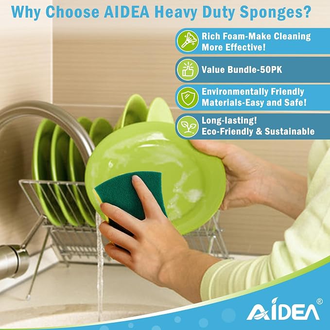 AIDEA Sponges Kitchen, 50-PK Heavy Duty Dish Sponge Kitchen, Scrub Sponges | Dish Sponges Stink-Free, Cleaning Dish Scrubber Sponges for Home & Restaurant, Bathroom, Sponges Bulk Supplies for Pots/ Pans
