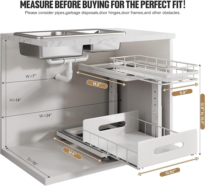 Under Sink Organizer Upgrade To Professional Rails,2-Tier Dual Pull Out Cabinet Storage,Height Adjustable Slide Out Drawers For Bathroom Kitchen,2 Pack-14.5" Dx12.8-16.9" H,White
