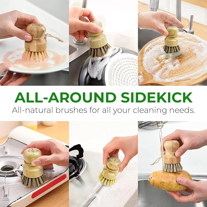 AIRNEX Bamboo Dish Brush Set of 2 - Natural Wooden Dish Scrubber with Sisal & Coconut Bristles - Plastic Free Kitchen Scrub Brush for Dishes, Sink, Pots & Pans - Non Scratch Kitchen Dish Brush