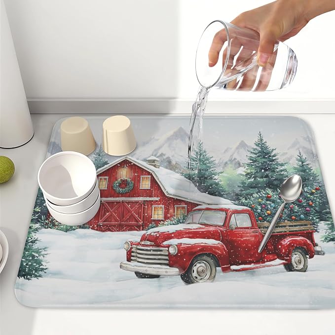 Winter Snowscape Dish Drying Mat for Kitchen Counter Christmas Red Truck Trees Dish Drainer Mat Xmas Holiday Rustic Farmhouse Absorbent Washable Drying Pad 16"x18"
