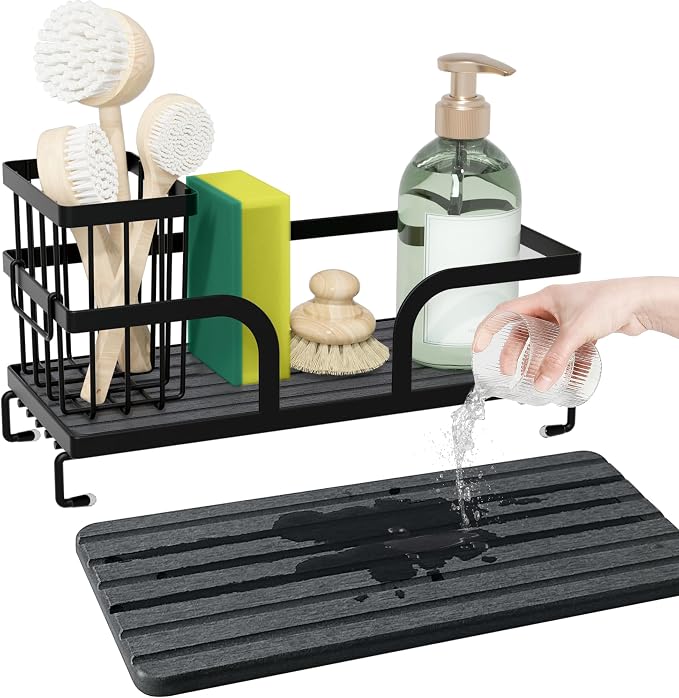 Sponge Holder for Kitchen Sink,Sink Caddy Organizers with Stone Drying Tray, Kitchen Sink Organizer for Sponges, Soap, 9.7" x 4.2"x 2.6" Home Decor Storage and Organization,1PCS Black
