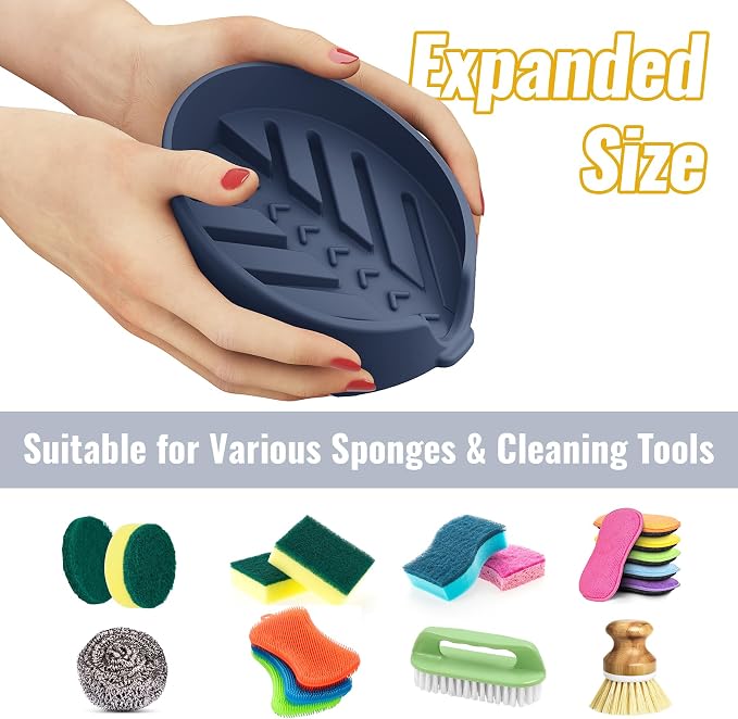 NiHome Silicone Sponge Holder for Kitchen Sink, Fits Scrub Daddy Mommy | Self-Draining Dispenser Organizer Tray, Sink Caddy Countertop Fits Soaps, Scrubber, Dishwasher Safe, Includes Brush,Dark Blue