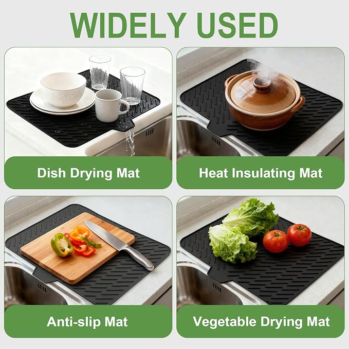 Silicone Drying Mat, 23"X17" With Built-in Drain Lip,Heat-Resistant,Eco-friendly,Hygienic Drying Pad,Leak-Proof and Non-Slip,Silicone Dish Drying Mat for Kitchen Counter or Sink（Black 23X17）