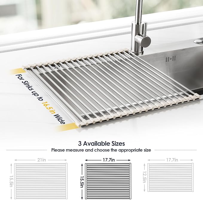 Tomorotec 17.7" x 15.5" Roll Up Dish Drying Rack Over Sink Drying Rack Sink Cover Kitchen Sink Accessories Gadget Multipurpose Organizer Foldable Stainless Steel Drainer