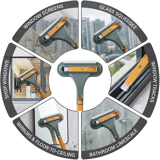 3 in 1 Window Squeegee for Home, 2-Way Brush Window Cleaning Tool with TPR Soft Rubber Squeegee for Cleaning Screens, Glass & Window Tracks