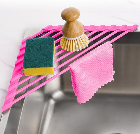 Tomorotec Compact Silicone-Coated Triangle Dish Drying Rack for Sink Corner - Foldable Stainless Steel Over-The-Sink Organizer and Storage Shelf (Hot Pink)
