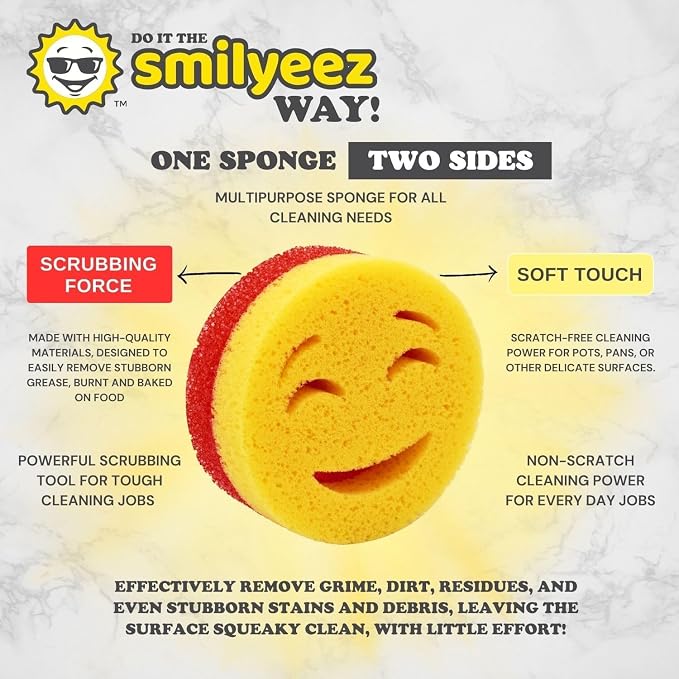 Smilyeez Scrub Moji Duo Scrubbing Sponge (Set of 3) Dual-Sided Scrub Sponges Multipurpose Sponge Scratch-Free Stain and Odor Resistant