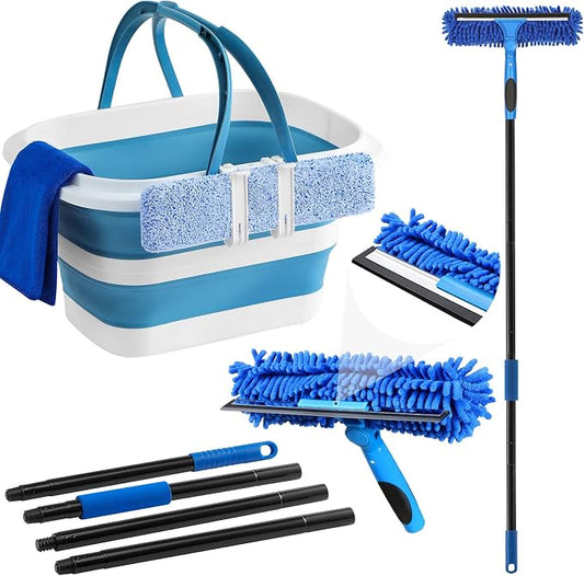 Window Cleaning Kit with Collapsible Bucket 4.2 Gallon, Professional 69" Window Squeegee Cleaner Tool with Extension Pole, Window Washing Equipment Cleaner Tool for Home Outdoor Commercial Use