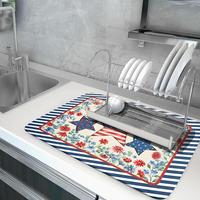 Patriotic Stars Dish Drying Mat for Kitchen Counter 4th of July Holiday Absorbent Reversible Microfiber Dish Pad Large