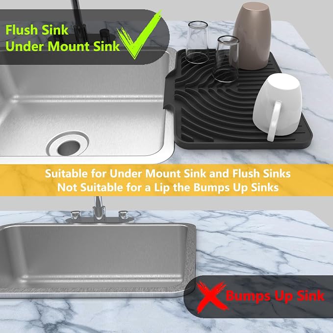 Kitchen Counter Dish Drying Mat, 14.6"x11" Dish Drying Rack(black) | Various Sizes & Colors,Steep-Slope Built in Drain,High-fin Ventilation,Food-grade Silicone,500F heat resistant,for Flat sinks