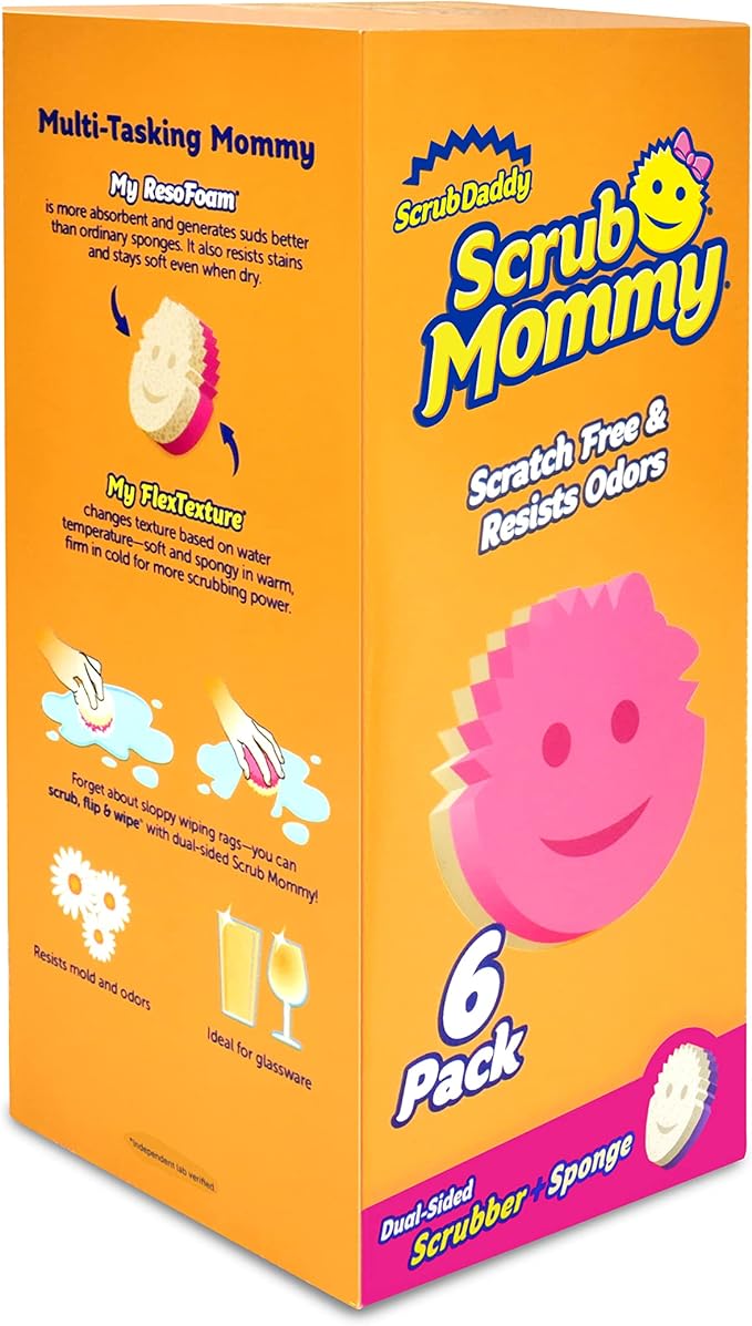 Scrub Daddy Dual Sided Sponge and Scrubber - Scrub Mommy - Scratch Free Sponge for Dishes and Home, Soft in Warm Water, Firm in Cold, Odor Resistant, Deep Cleaning, Multi Surface (6 Count (Pack of 1))