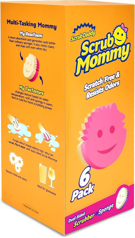 Scrub Daddy Dual Sided Sponge and Scrubber - Scrub Mommy - Scratch Free Sponge for Dishes and Home, Soft in Warm Water, Firm in Cold, Odor Resistant, Deep Cleaning, Multi Surface (6 Count (Pack of 1))