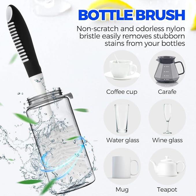 Holikme 6 Pack Dish Brush Set with Bottle Brush, Dish Scrub Brush, Pan Brush and 3 Straw Brushes, Deep Cleaning Handle Brush with Scraper Tip for Kitchen Sink Dishes Bottle Cup Pot and Pans (Black)