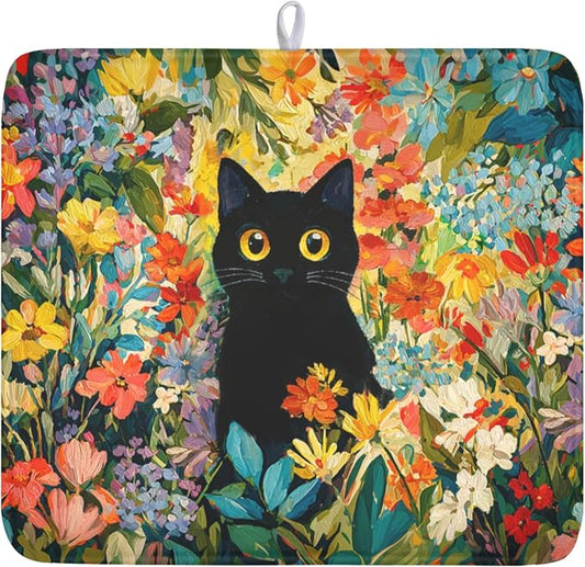 Spring Summer Floral Cat Dish Drying Mat for Kitchen Counter Abstract Oil Painting Wildflower Microfiber Dish Drainer Mat Rustic Absorbent Washable Drying Pad 16"x18"