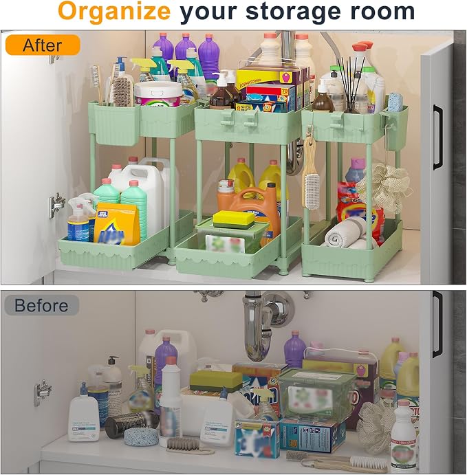 Sevenblue 3 Pack Under Sink Organizers, 2-Tier Multi-Use Kitchen and Bathroom Organizers and Storage with Sliding Drawers, Bathroom Cabinet Organizer (Green, 14.8 Inch)
