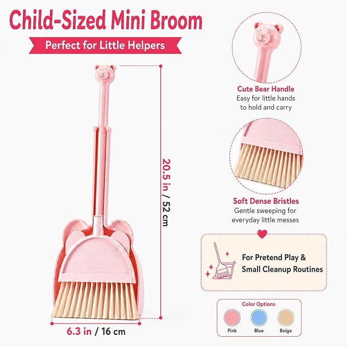 Mini Broom with Dustpan for Kids,Little Housekeeping Helper Set (Pink)