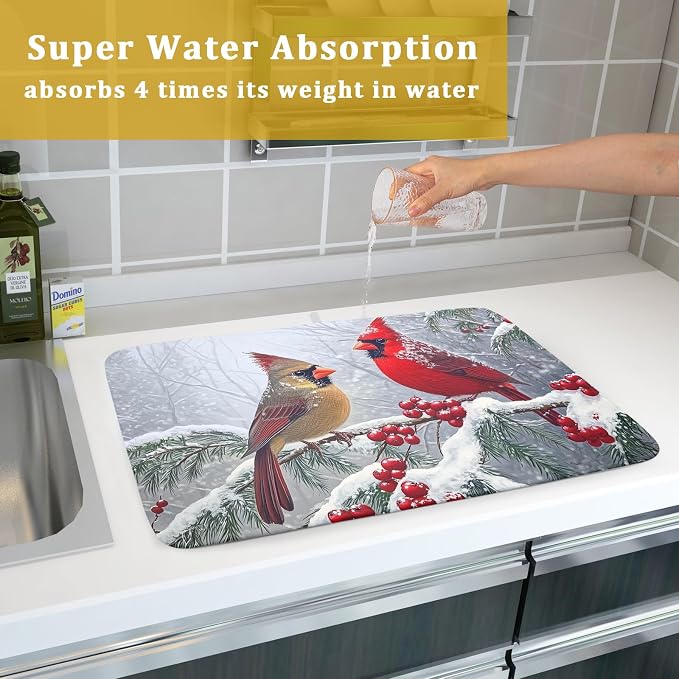 Winter Christmas Dish Drying Mat for Kitchen Counter 18 x 24 Inches Red Birds Absorbent Reversible Microfiber Mats for Berry Dish Rack Pad Drainer Mat for Coffee Bar Decor