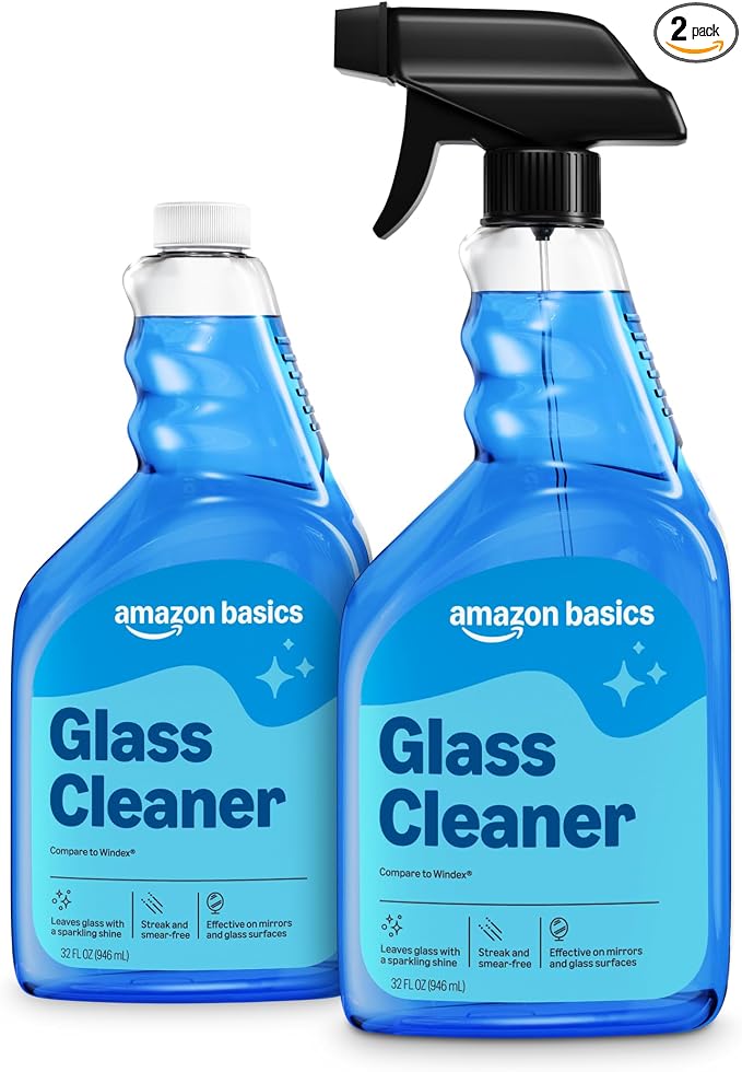 Amazon Basics Glass Cleaner, Streak-Free Shine, 32 Fl Oz, Pack of 2 with 1 Sprayer