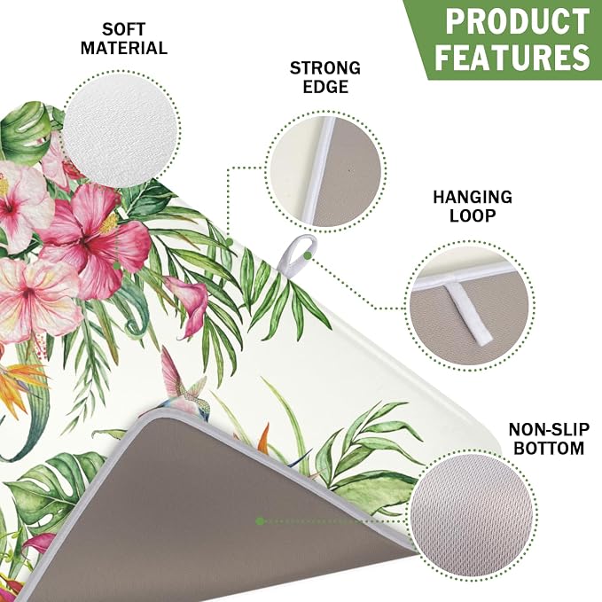 Floral Hibiscus Dish Drying Mat for Kitchen Counter 16x18 Inch | Floral，Polyester，Absorbent Microfiber，for Coffee Dining Bar Decor