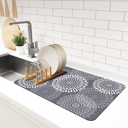 LuxStep Dish Drying Mat Super Absorbent Kitchen Counter Mat Rubber Backing Draining Mat Easy to Clean Kitchen Accessories Dish Rack Pad for Dishes, Utensils, Countertops, Sinks 16" x 24" Grey