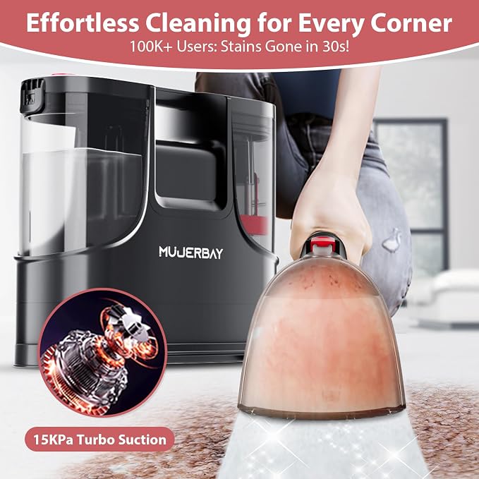 Upholstery Carpet Cleaner, MUJERBAY 15Kpa Portable Spot and Stain Cleaner Shampooer, Easy Move with Handle, 1.5-inch Deep Cleaning Machine for Couch, Stairs, Car and Pet Messes. (Black)