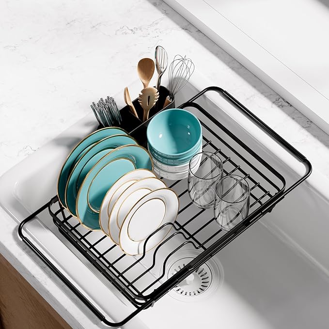 Sakugi Dish Drying Rack in Sink - Expandable Stainless Steel Dish Rack Over The Sink, Kitchen Sink Drain Strainer with Cutlery Holder & Cup Holders, 15.2 x 10.0 x 4.2 Inch, Black