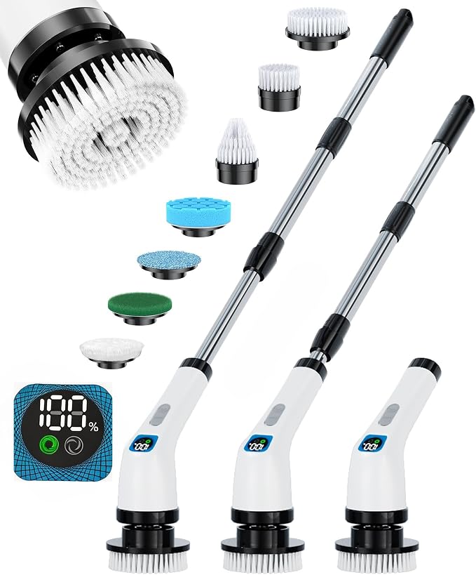 Electric Spin Scrubber for Bathroom | Shower Cleaner Brush with Long Handle | Dual Speed Cordless Power Scrubber with 7 Brushes Heads | IPX7 Waterproof Scrub Brush for Bath Tub Tile Grout Glass Tool