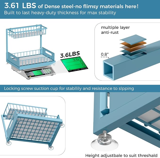 Saydear 2-Pack L-Shaped Under Sink Organizer, 2-Tier Pull-out Cabinet Rack | Teal Height-Adjustable Steel Rack, Sliding Grid Drawers with PP Liners, Holds 100 Lbs, Suction Base, Ideal Kitchen Storage