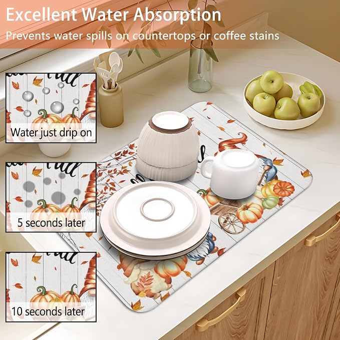 Fall Dish Drying Mat 2-Pack Gnomes Pumpkin for Kitchen Counter Dishes | Diatom Mud Mats (18x24, 19.5x12"). Non-slip rubber back for kitchen counter, coffee bar & sink scenes