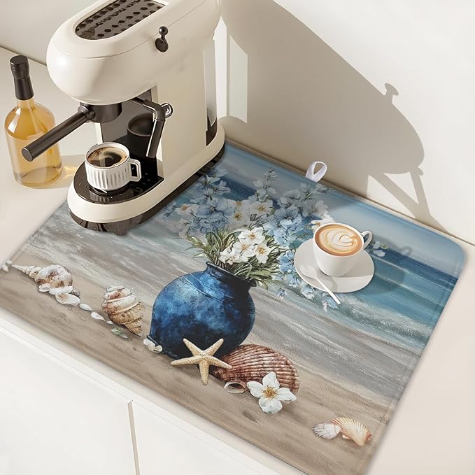 Summer Beach Dish Drying Mat for Kitchen Counter Nautical Coastal Blue Ocean Vase Floral Seashells Microfiber Dish Drainer Mat Absorbent Washable Drying Pad 18"x24"