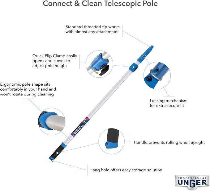Unger Professional Connect & Clean 3’-6’ Aluminum Telescopic Extension Pole with Locking Cone & Quick-Flip Clamp – Compatible with Cleaning Tool Attachments, Window Cleaning & Dusting Tool (Pack of 2)