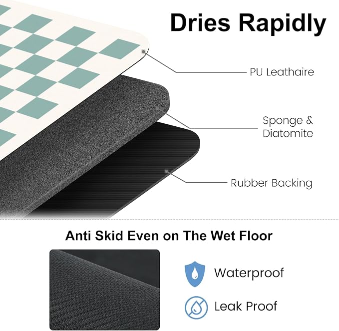 Clinuse Coffee Mats, 19"x12" Checkered Dish Drying Mat for Kitchen Counter, Quick Dry Mat, Diatomite Absorbent Aesthetic Large Drying Mats for Coffee Bar - Green White