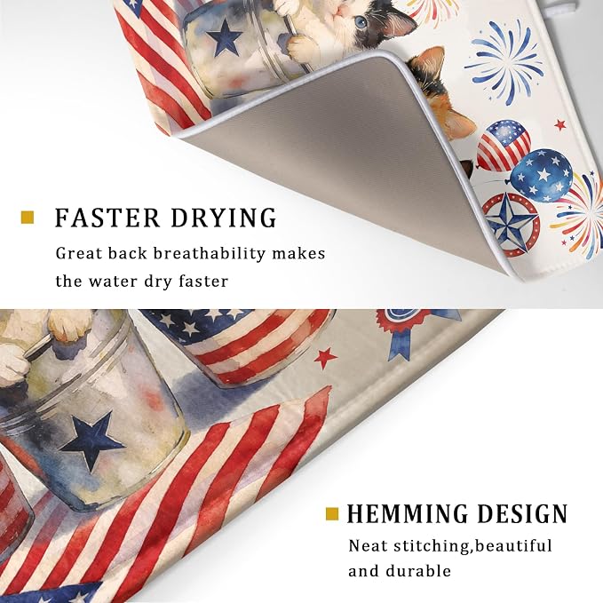 Vintage Patriotic Dish Drying Mat Cute Cats American Flag Drying Matt Kitchen Counter for Home Decor