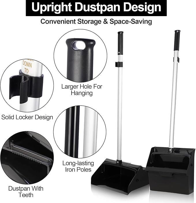 Mumufy 5 Set Lobby Dustpan with Broom Set Lobby Upright Dust Pan and Broom with Long Handle Heavy Duty Commercial Dustpan Combo for Restaurants Kitchen Office Home