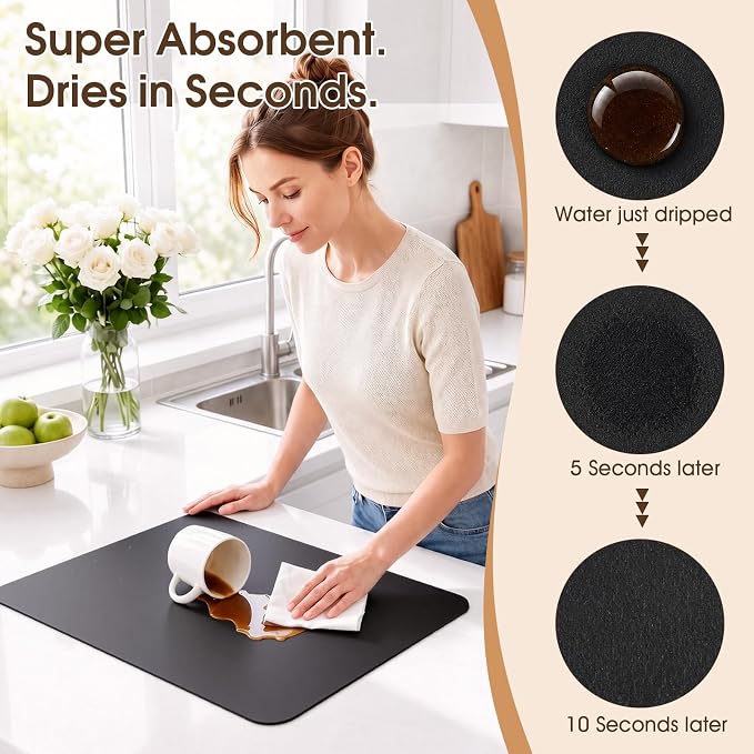 WISELIFE Coffee Mat Super Absorbent Dish Drying Mat Coffee Bar Accessories Match with Machine Large Drying Mats for Kitchen Counter 12" W x 19" L, Black
