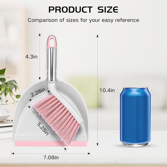 NACENA Mini Broom and Dustpan Set, Small Dust Pan and Brush Set,Pink | Dust Pan and Brush Set with Handle Dustpan Teeth for Cleaning Hair Suitable for Office Desks Drawers Sofas Outdoor Camping