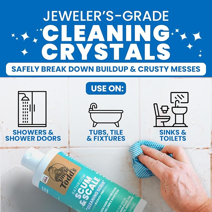 Uncle Todd's 16 oz Heavy Duty Hard Water Stain Remover & Soap Scum Remover for Shower - All Purpose Bathroom Cleaner Works on Glass Doors, Tiles, Bathtub, Toilet & Sink - Bleach-Free Mint Paste